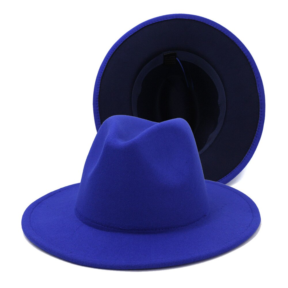 Navy Blue Patchwork Wool Felt Jazz Fedora Cowboy Hats For Women Wide Brim Panama Party Trilby Cap Men Gentleman Wedding Hat L XL: 2 / 56-58cm