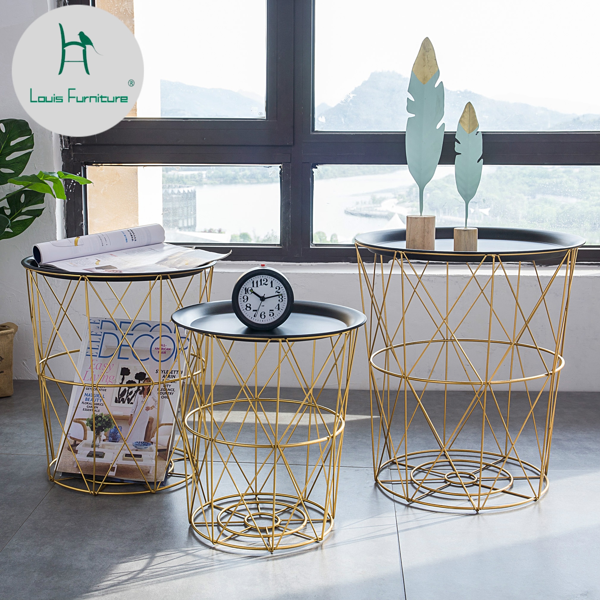 Nordic modern gold Iron wire metal storage basket side table black