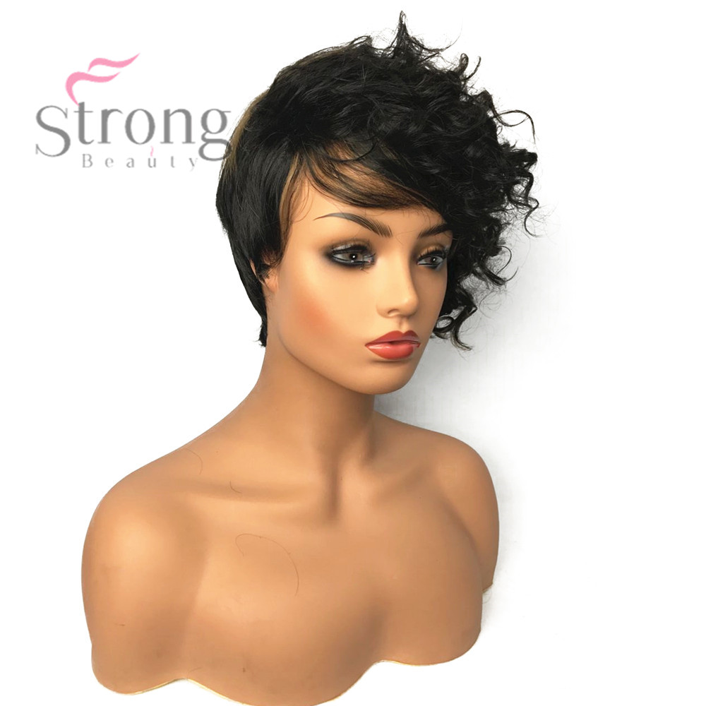 StrongBeauty Women Synthetic Capless Wig Brown Pixie Cut Hair Asymmetrical Side Bang Short Curly Wigs