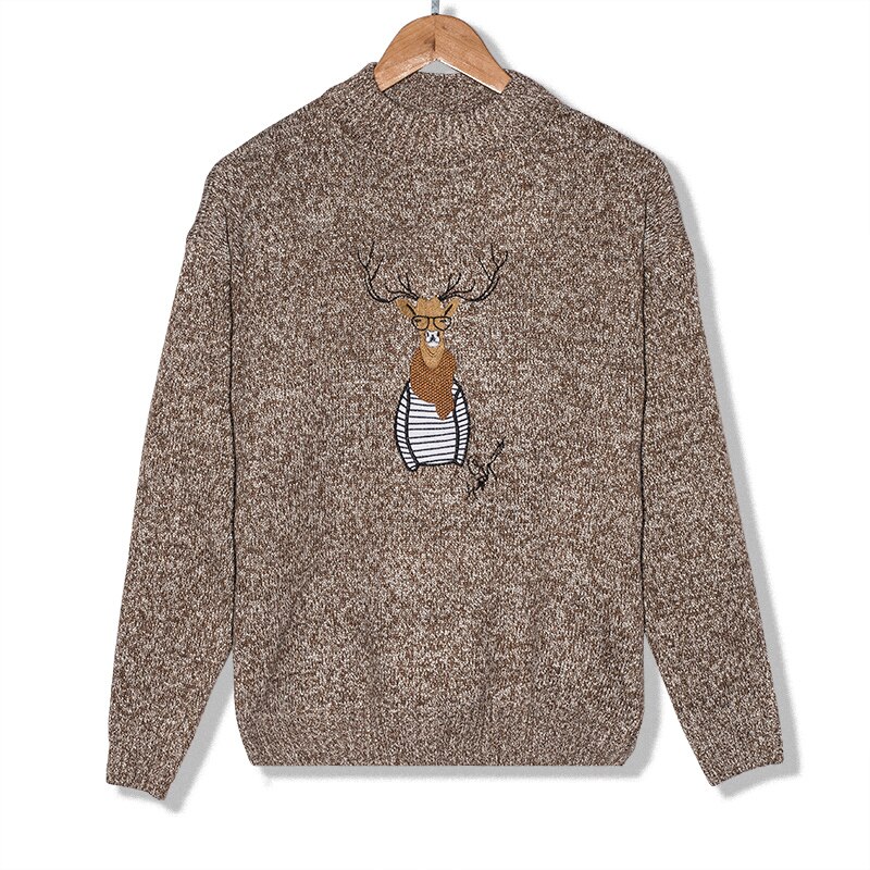 Hellenwoody a &amp; w pullovers de malha masculina casais natal rena animal impressão calor do homem lã-mistura casual o-pescoço camisola: khaki / M