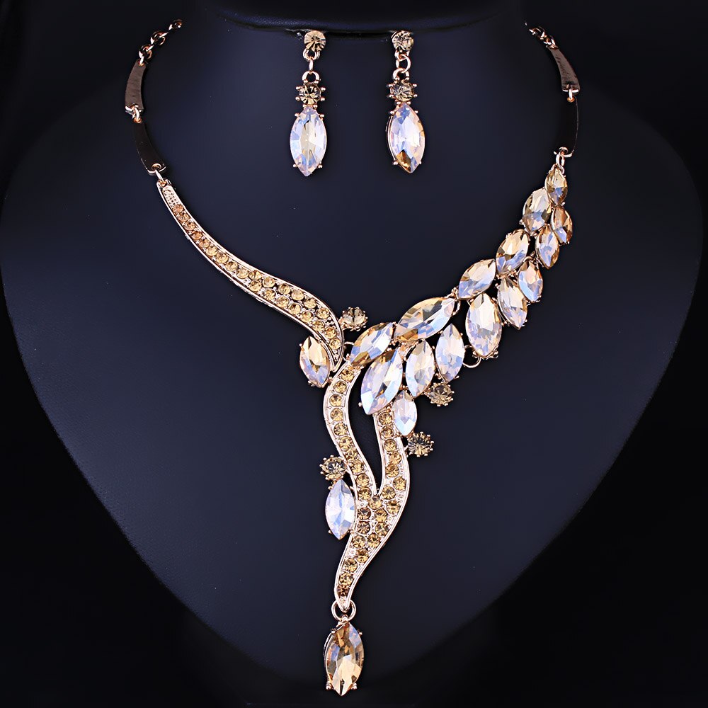 Jewelry Silver plated Crystal Rhinestones Necklace and Earrings set Women Bridal Wedding Jewelry sets