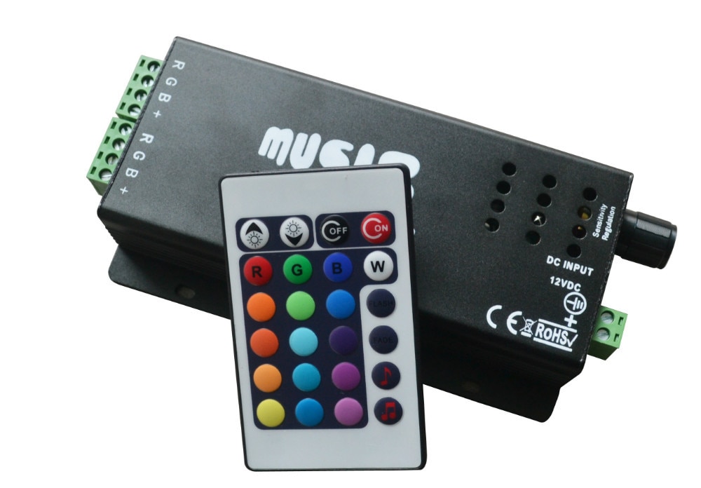 RGB LED music controller with 24key IR remote;DC12-24V input;6A*3CH output