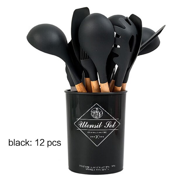 11pcs non-stick spatula kitchen utensils cooking set Multi-color storage barrels wooden handle silicone kitchen utensils: set 4