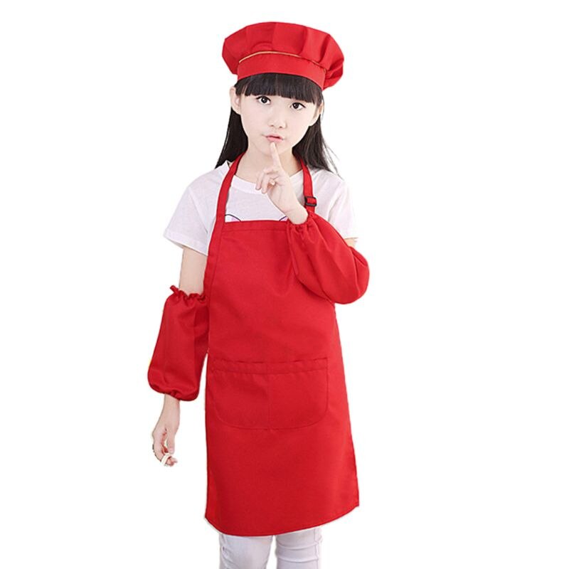 3Pcs/Set Kids Chef Hat Apron Sleeve Covers Set Boys Girls Adjustable Kitchen Bib with 2 Large Pockets for Cooking Baking Wear: R / L