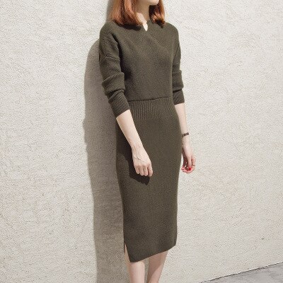 Autumn Winter Slim Knitted Sweater Long Dresses Sexy Sheath Bodycon Pencil Dress Mid-Calf Ruffles Slash Neck V-Neck Dress Mw017: Army Green