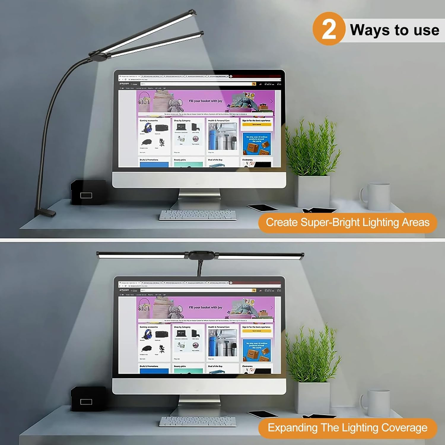 Home Office LED-bureaulamp met clip op dubbele kop Computermonitor Verstelbare en flexibele clip-on lamp met zwanenhalsontwerp