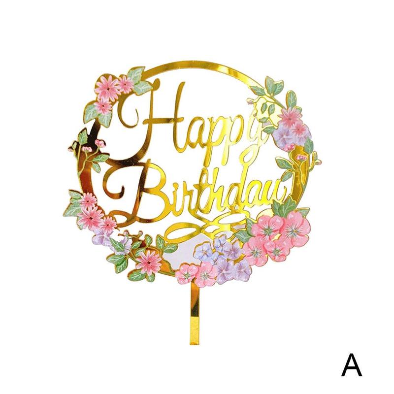 Gelukkige Verjaardag Cupcake Toppers Kleurrijke Bloemen Acryl Bakken Party Dessert Cake Voor Kids Feestartikelen Topper Decoratie M6Q1: A