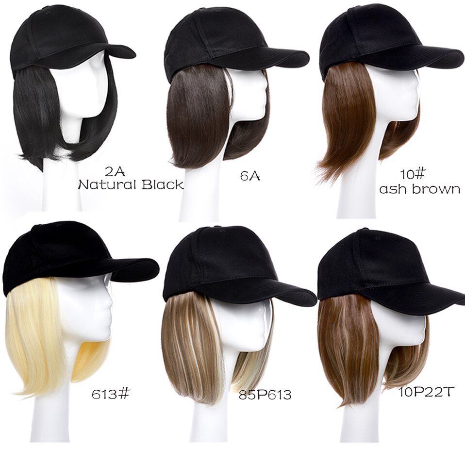 Benehair Afneembare Korte Rechte Bob Haar Zwarte Baseball Cap Haar Pruik Synthetische Pruik Cap Haar Hittebestendige Vezel Outdoor