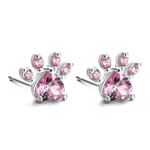 Neue Glänzende Rosa Zucht Ohrringe CZ Katze Bär Hund Pfote Schmuck Für Frauen Rose Gold Kleine Ebene Fußabdruck SchöNe ohrringe: silber- rosa