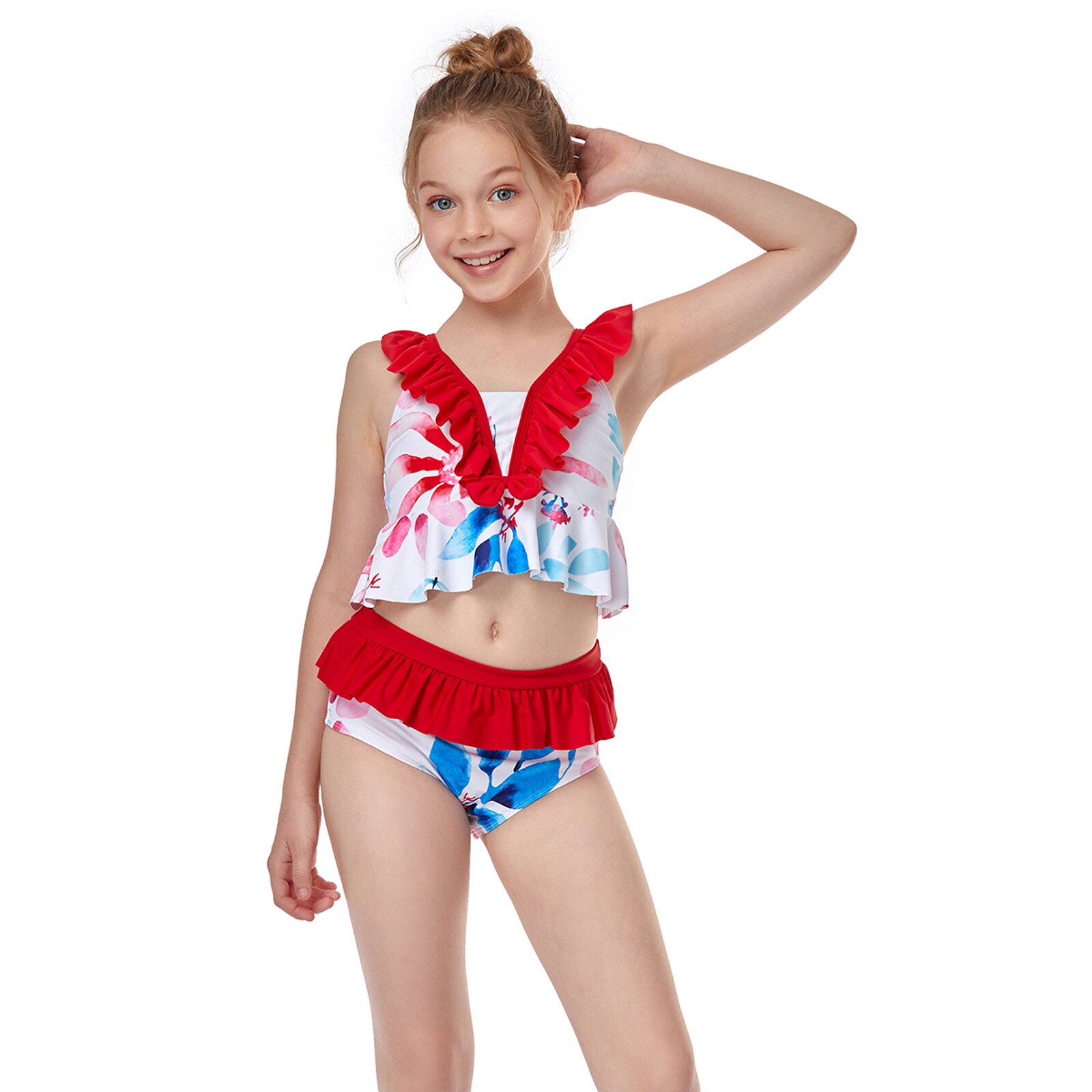 Kleinkind Baby freundlicher Mädchen Bikini Rüschen Drucken Zwei Stück Badeanzug Badeanzug Strand Bademode Schwimmen Sommer Mädchen Beachwear: 5-6 Jahre