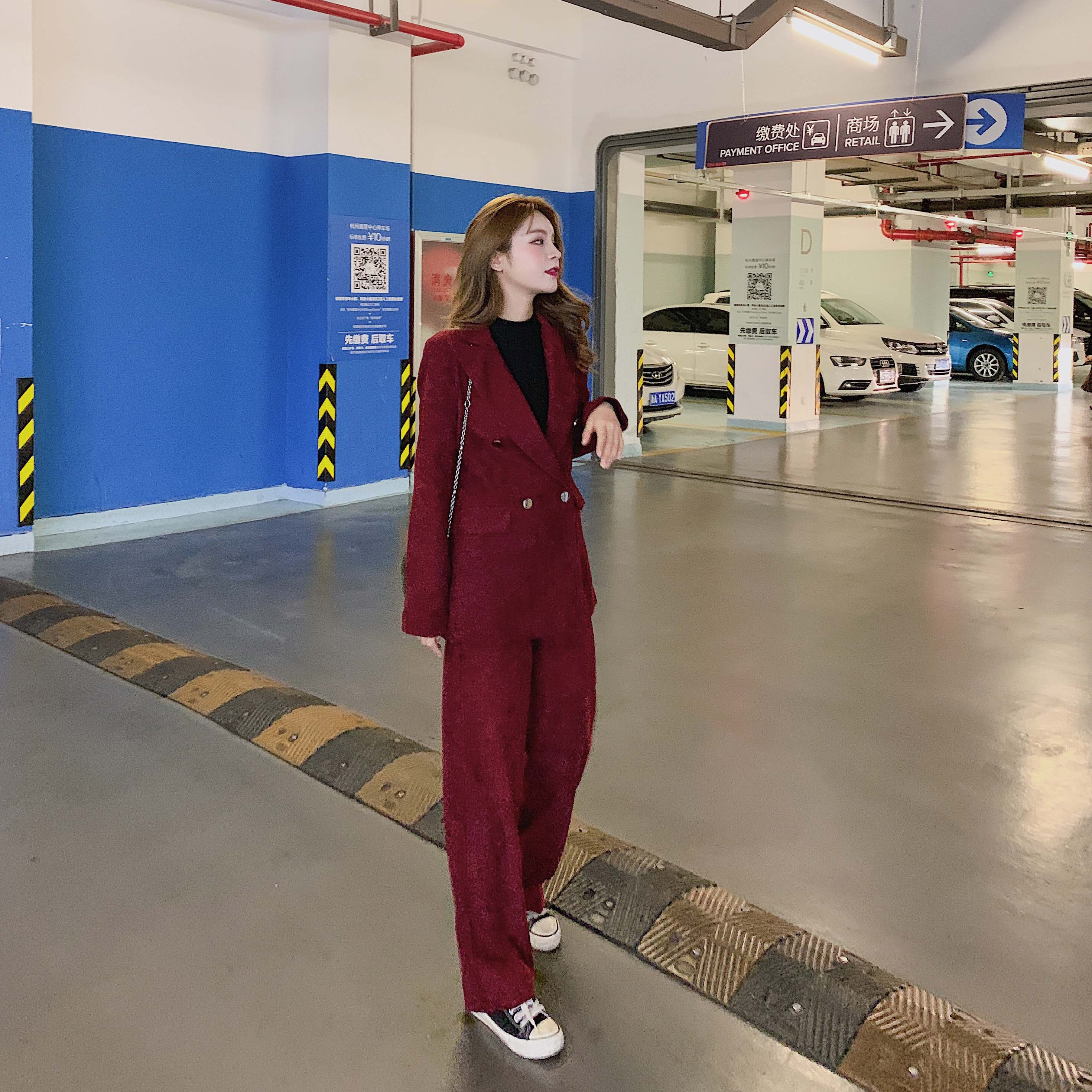 hiver femmes Chic Blazer costumes velours côtelé deux pièces ensemble Vintage cranté double boutonnage manteau et pantalon Long S9N702K
