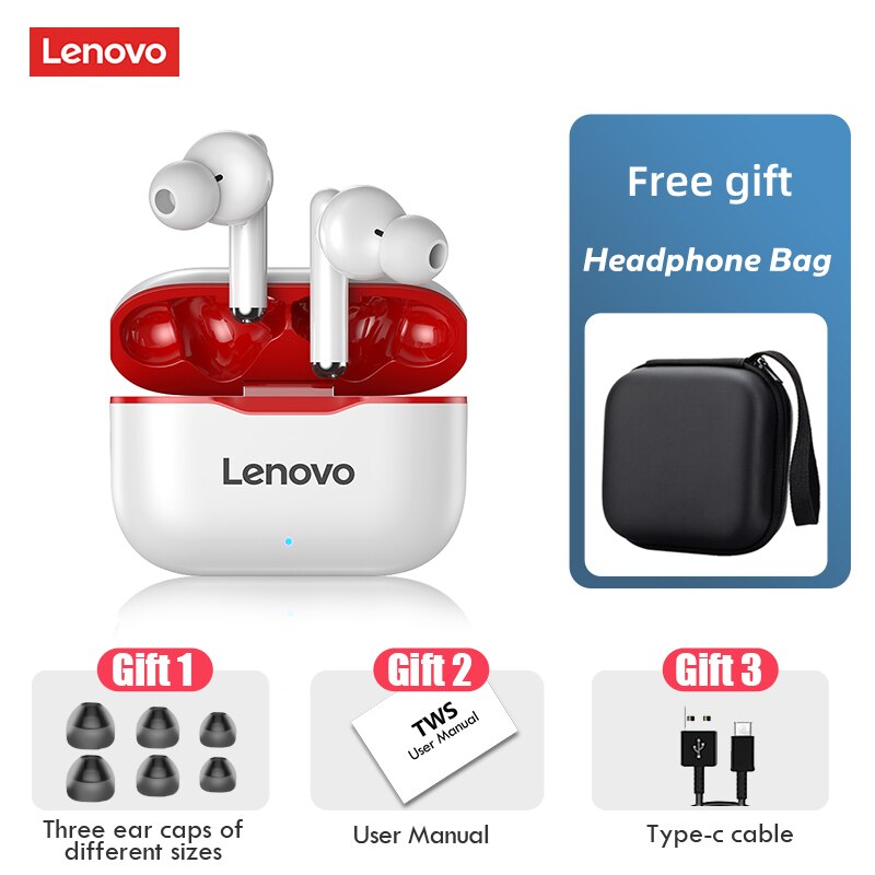 Lenovo LP1 Wireless Headphones Sport Waterproof Bluetooth Headphones 300mAh Charging Box HIFI Stereo Sound Earphones with Mic: Redgift