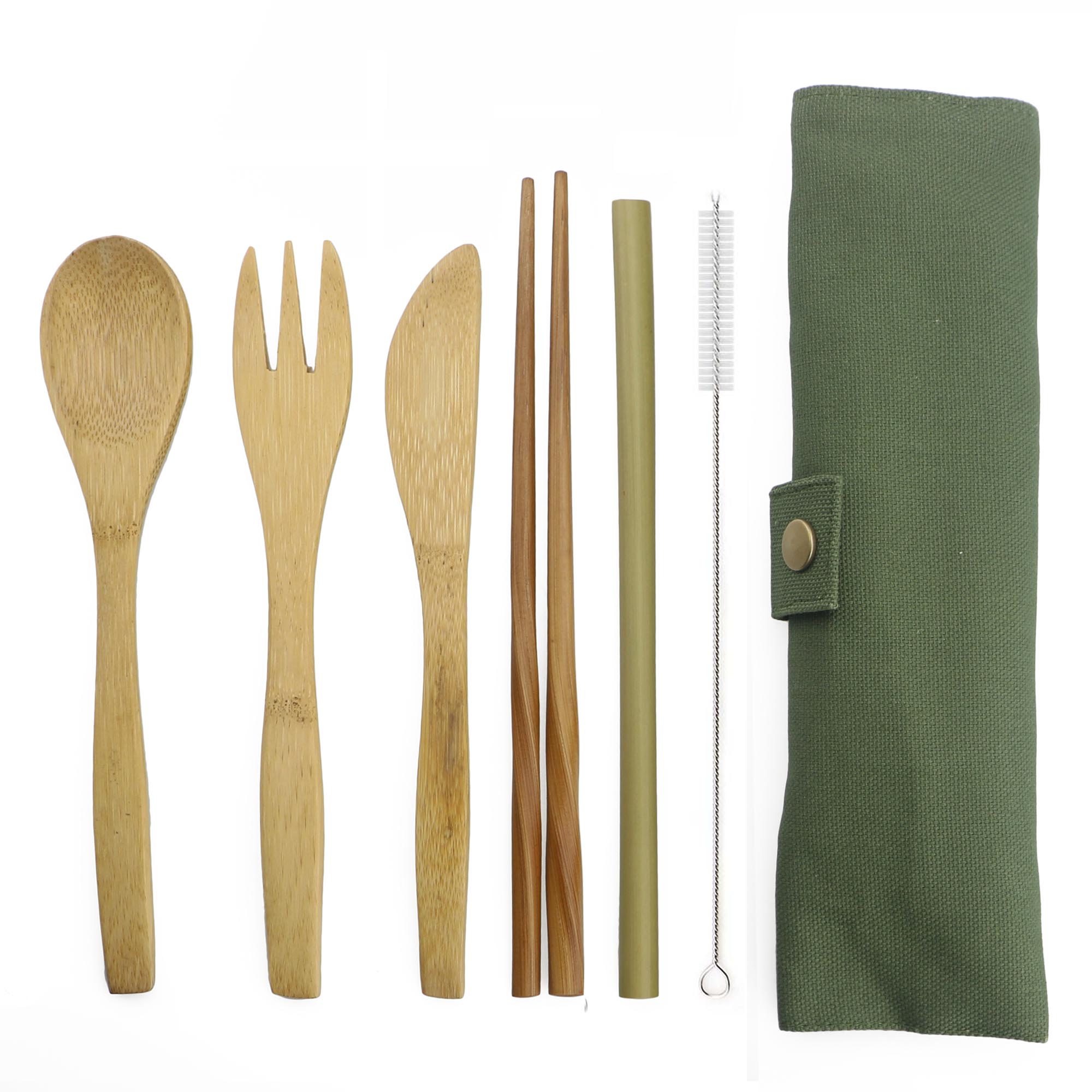 7-Piece Wooden Flatware Cutlery Set Bamboo Straw Set With Cloth Bag Knives Fork Spoon Chopsticks Travel: 6set / Army Green