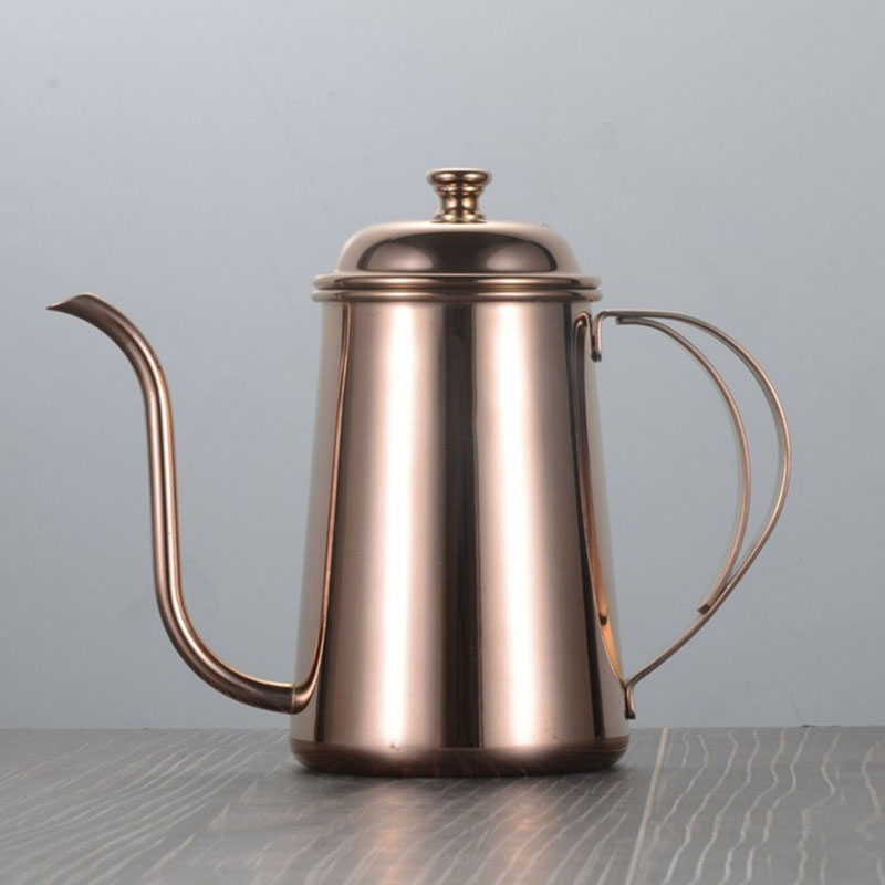 Lang mund hånd stempelkande fin mund gryde 650ml tykke 304 rustfrit stål dryp kaffekande filter brygning tekande kedel: Rose guld