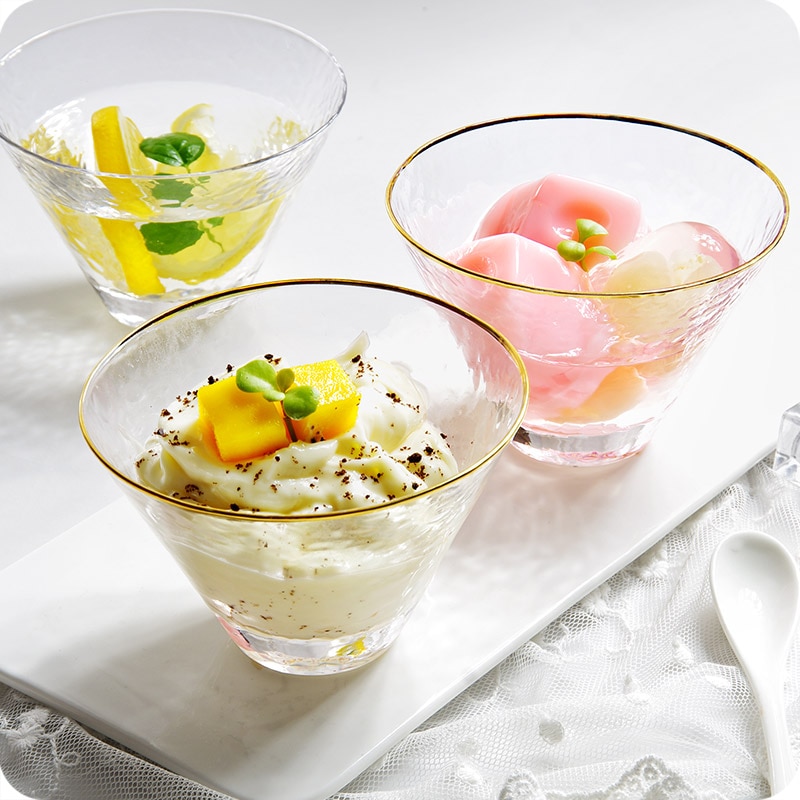 Japanese Hammer Drinking Glass Cup Cold Drink Juice Dessert Bowl Tea Glass Cup With Gold Trim Crystal Ice Cream Cup