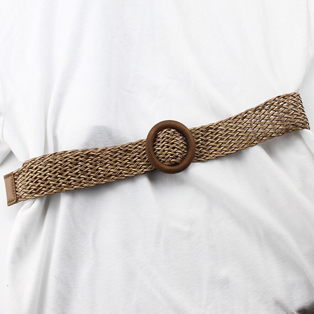 Summer Women Braided Elastic Belt Round Resin Buckle Vintage Bohe Straw Buckle Belt Dress Shirt Dress Belt Female Knitted Belt: 1