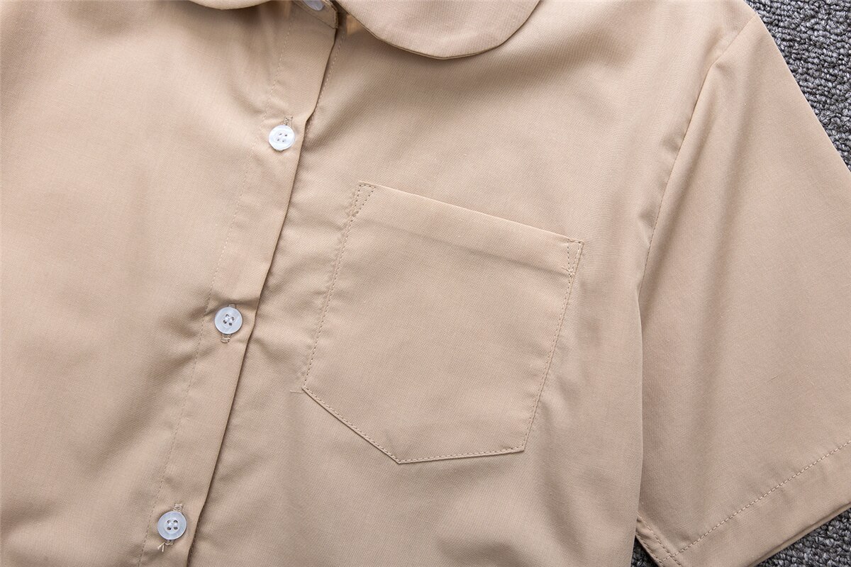 Uniforme de Escuela Japonesa para niña y niño, camisetas para la escuela, Camisa de algodón de manga corta, XS-5XL grande, albaricoque, caqui, Uniforme de Trabajo