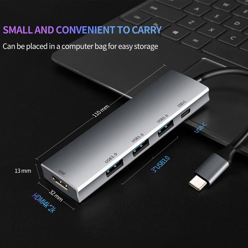 Usb c-hub voor mac-book pro/air, voor ipad pro 5- in- 1 usb c-hub met 4k hdmi- en 60w pd-oplaadpoorten, , 3 usb 3.0- hubs