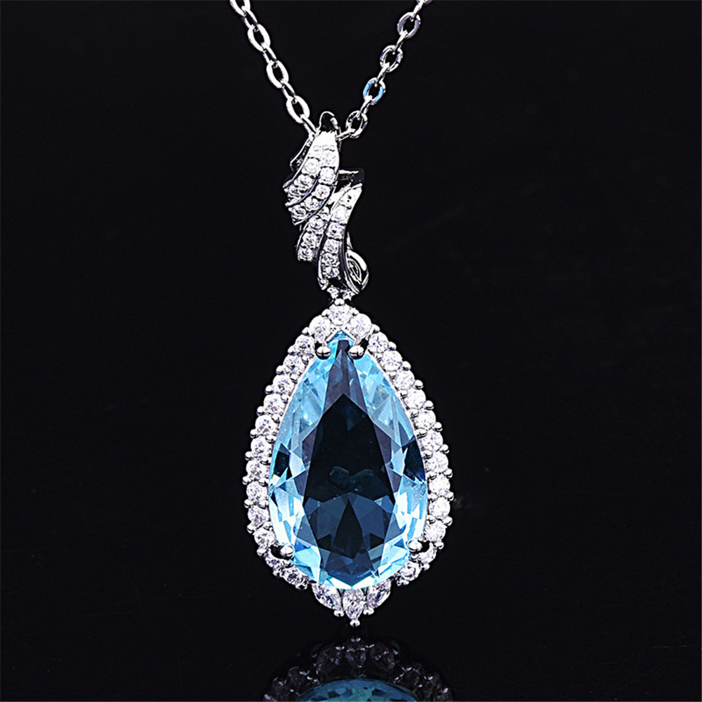 Luxus großen aquamarin edelsteine diamant Anhänger halsketten für frauen blau kristall Weiß Gold farbe halsband kette schmuck Schmuckstück