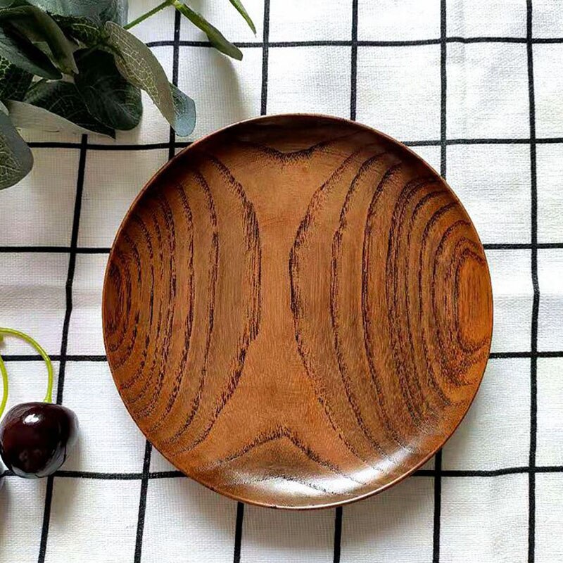 Plato redondo de madera maciza, plato de madera de Acacia entera para fruta, platillo de madera para pastel, postre, plato para servir, vajilla de madera