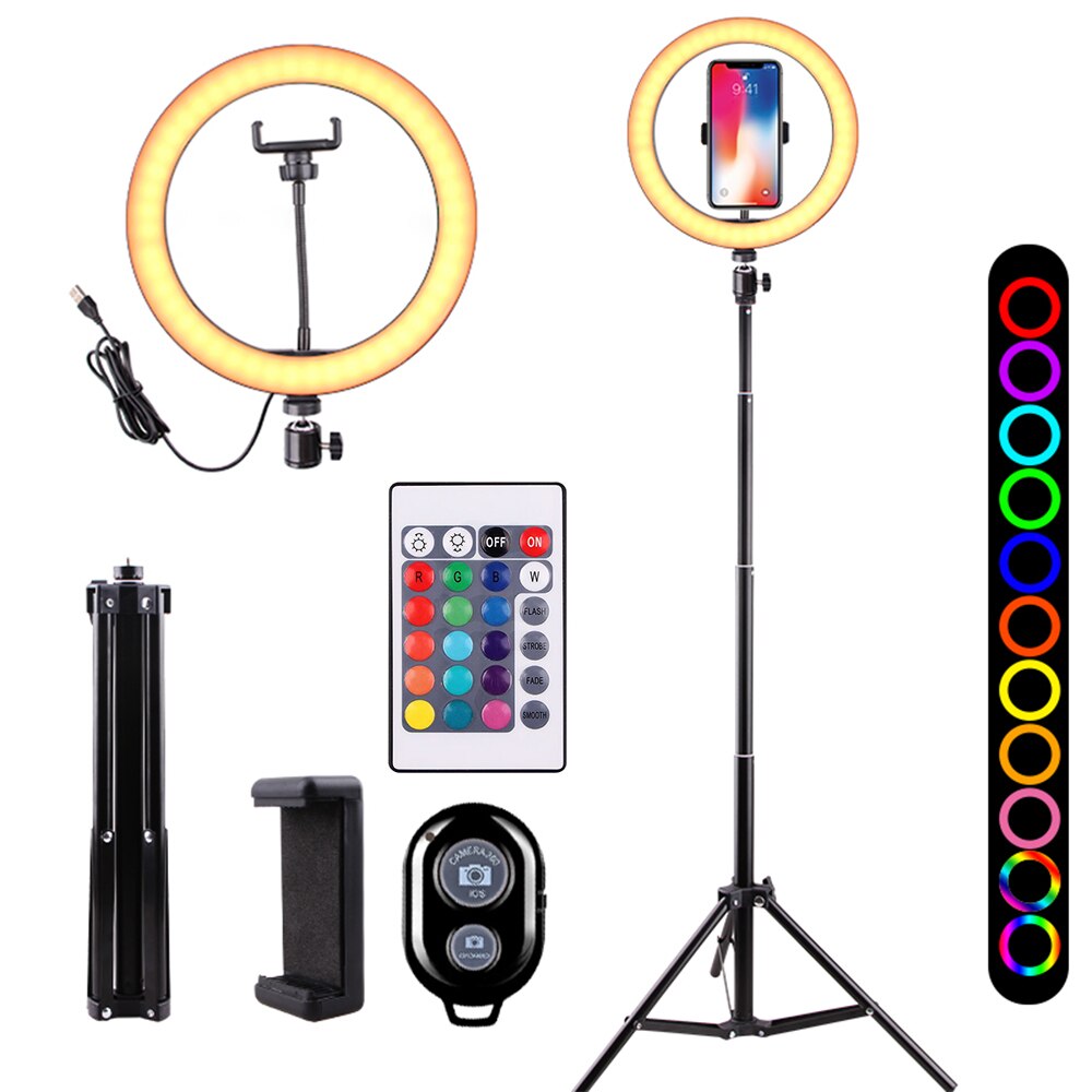 10 tums spegel rgb selfie ring-light set lysdioder fyll lampa lysdioder ringlight justerbart stativ bt för sminkspegel: 3