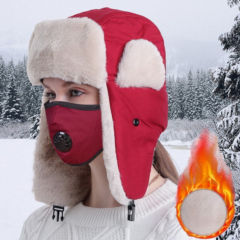 Wintermutsen heren dames warme mutsen plus fluwelen koudebestendige verstelbare mutsen winddichte gezichtsbedekking skimutsen sets gymmutsen: Pet gezichtsbedekking rood 1