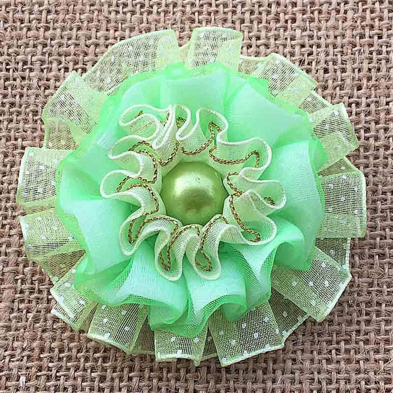 2pcs Cute Yarn ruffle Ellegant Ribbon Flowers rosettes Scrunchy gum for Elastic Hair Band Girls Headwear rubber bands: Green
