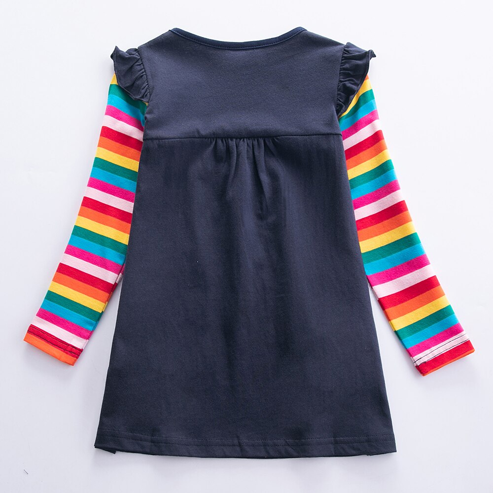 Robe brodée à manches longues pour filles, Style d'automne, deux poches, arc-en-ciel, manches rayées, en coton, LH5809