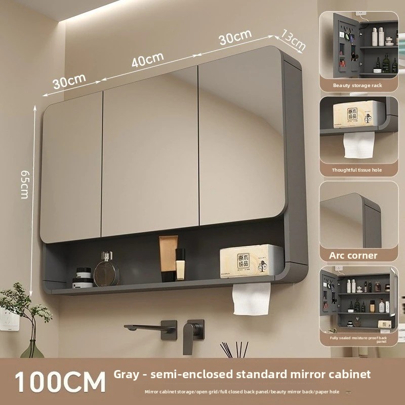LED Bathroom Mirror Cabinet Anti Fog Wall Mounted Storage Mirror Carbon Fiber Rounded Corner Makeup Mirror