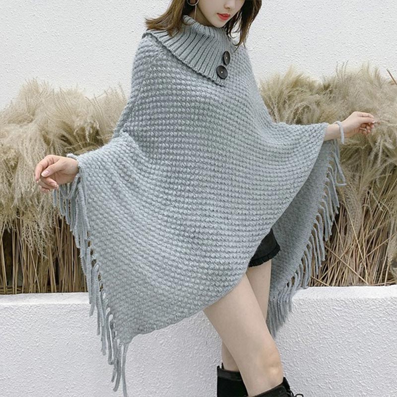 Jocoo Jolee Frauen Winter Koreanische Pelzigen Weichen Lose Rollkragenpullover Quaste Mantel Beiläufige Lange Stricken Poncho Harajuku Pullover: Grau