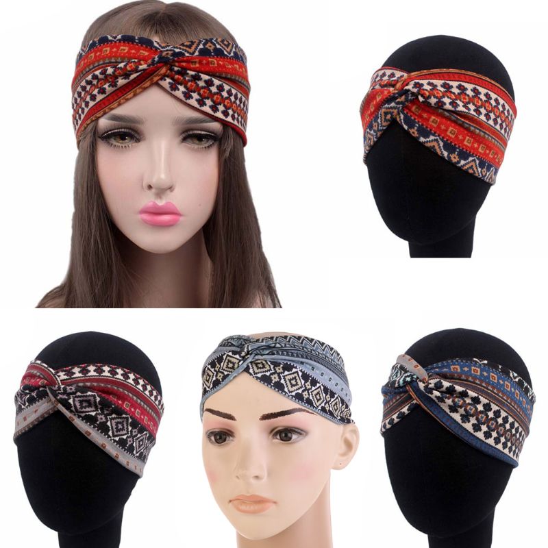 Women Ethnic Printed Cross Wide Headband Twisted Turban Elastic Hairband Beauty G99D