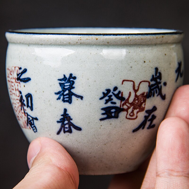 120ml Vintage Chinese Calligraphy Pottery Cups Large Wine Tea Cup Set Teaware Blue Tea Bowl Ceremony Antique Teacup Coffee Mugs