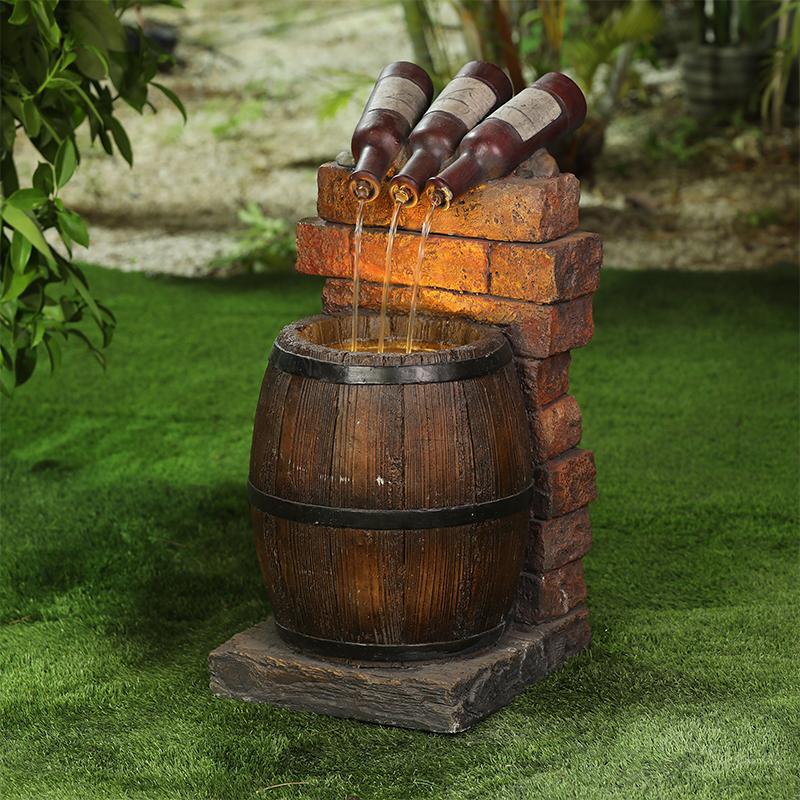 Resin Wine Bottle and Barrel Outdoor Water Fountain Sculpture Rustic Yard &amp; Garden Waterfall Decoration Yard Garden Decor