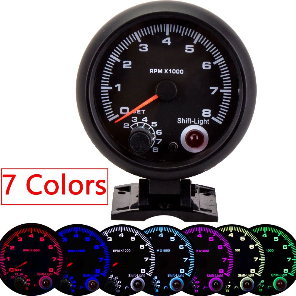 7 Colors 95mm 0-8000 RPM Meter inter Car Tachometer Gauge Fit 4 6 8 Cylinder 12V Shift Light auto tacometro moto tach motorcycle