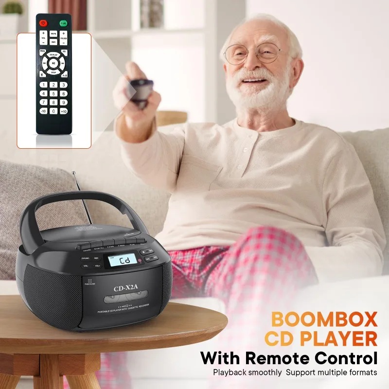 Boombox CD Player Portable Cassette AM FM Radio Bluetooth Speakers AUX USB MP3 Plays with Remote Control Support AC/DC Powered