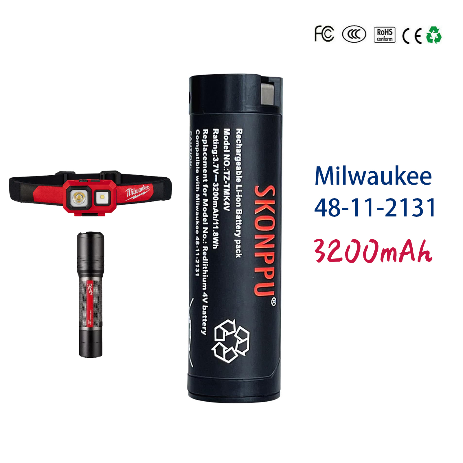 Til milwaukee 48-11-2131 2163-21 redlithium lithium-ion genopladeligt usb 3.0ah 2162-21 batteri pandelampebatteri