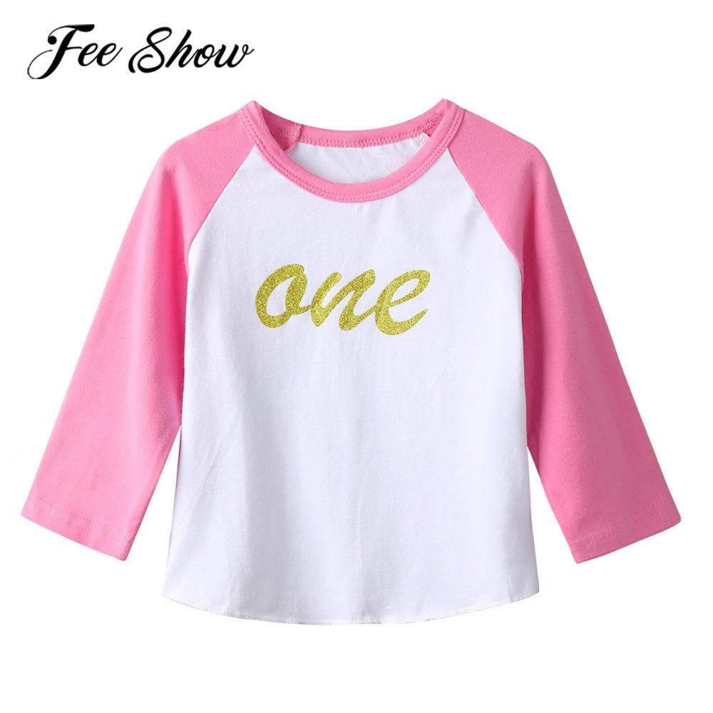 Ropa Infantil para bebés, camiseta a la para niñas, mangas raglán de cumpleaños, estampado de letra brillante, Tops de camisa de bloque de Color suave de algodón