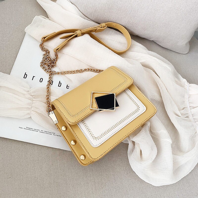 Korean style Chain Leather Crossbody Bags For Women Small Shoulder Messenger Bag Special Lock Female Travel Handbags: YELLOW