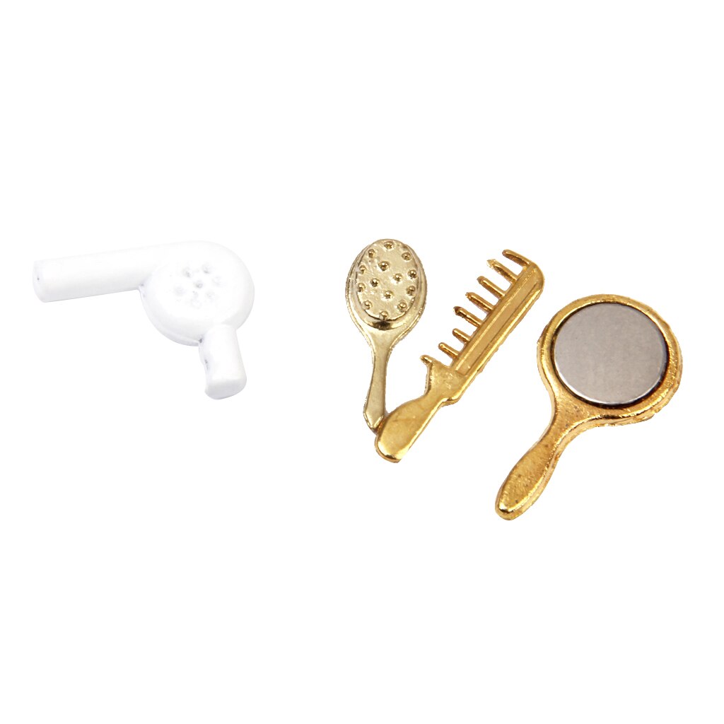 4pz Casa di Bambole in Miniatura 1:12 Dei Capelli di Plastica Asciugatrice, Specchio e Pettine Bagno Forniture impostato