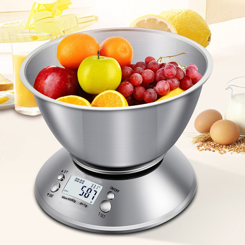 Stainless steel kitchen scale with bowl 5kg/1g high precision electronic scale 0.1g bakery food scale small platform scale gram