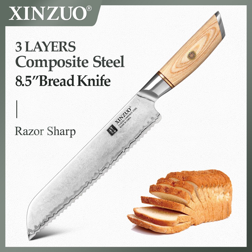 XINZUO 8.5" Bread Knife 60+2HRC Composite Steel With Japanese Pakkawood Handle Bread Knife Kitchen Accessories
