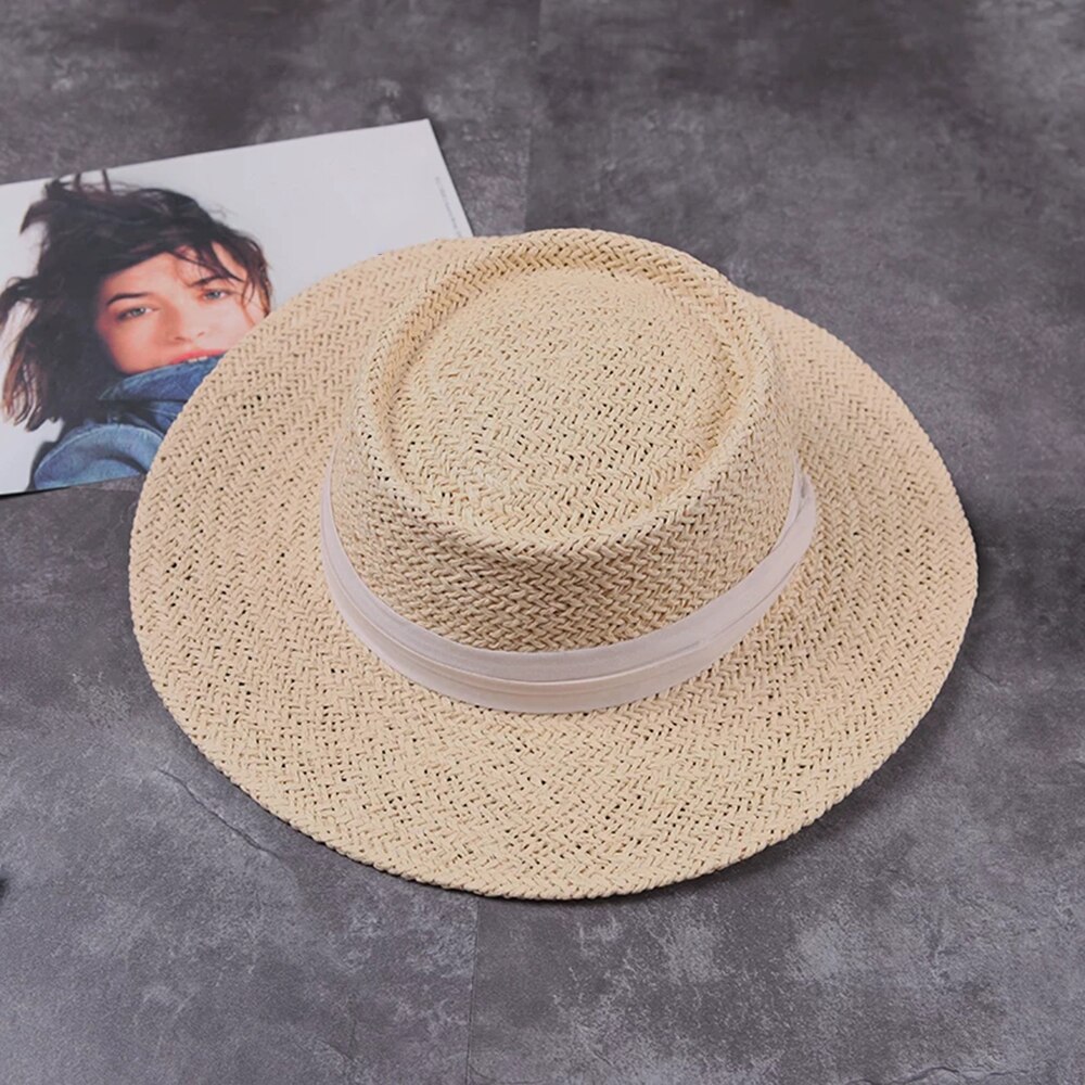 Kvinner sommer Strand solhatt merke flat topp stråhatt jente bånd strandhatt bein feminino gorra: 3