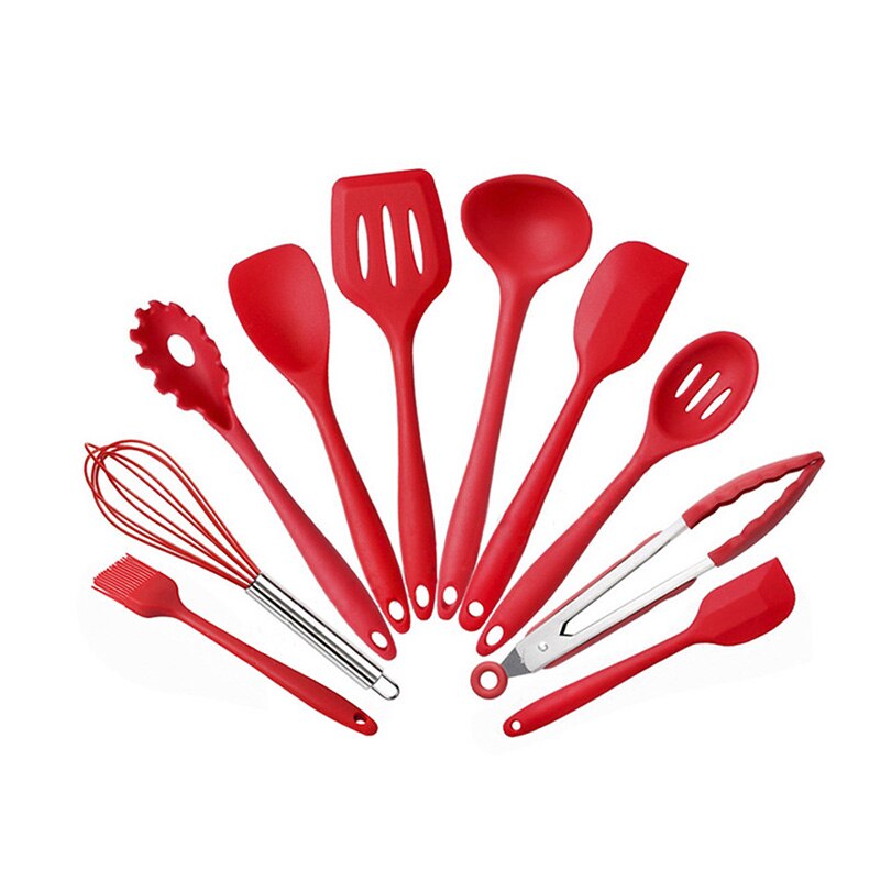 10 silikone køkkenudstyr non-stick køkkengrej madlavning værktøj spatel øse pisker skovl ske suppe køkkenredskaber sæt  #9: Rød