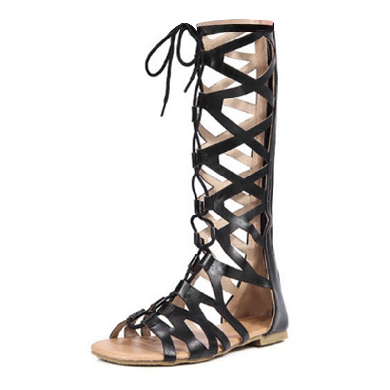 Femmes gladiateur plat été genou haute sandales nouvelles dames fermeture éclair longue botte lacer creux croix liée femme grande taille chaussures