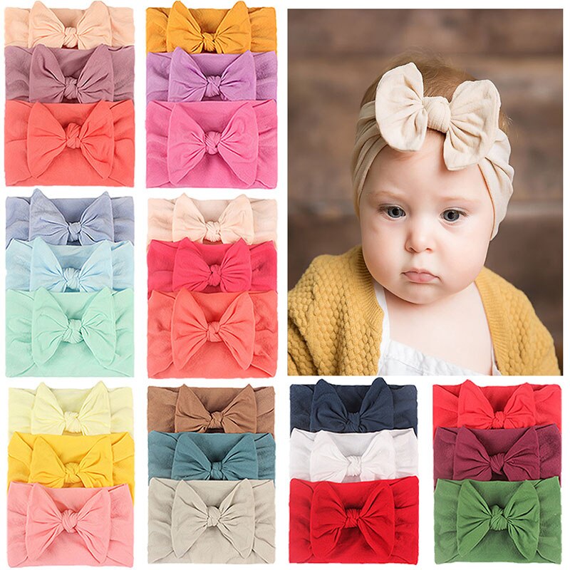 Bandeaux élastiques pour bébés filles, accessoires pour cheveux, couleur unie, avec nœud papillon, 3 pièces/ensemble