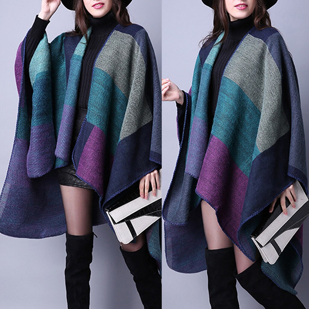 Feminino xadrez cor bloco xale envoltório frente aberta poncho cape cardigan presente de natal malha camisola casaco para o inverno natal feriado: Purple