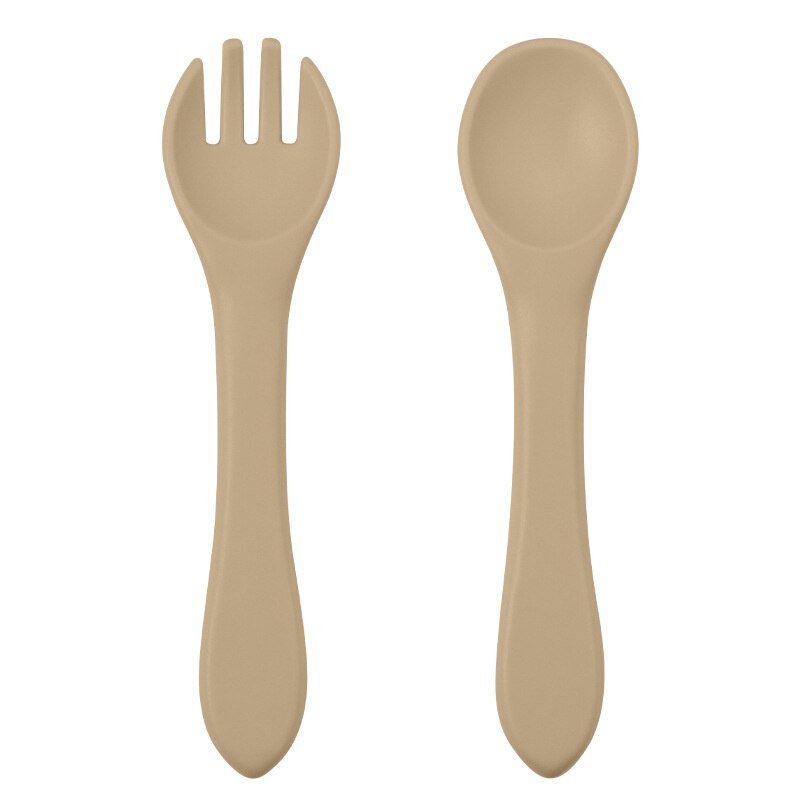 Suction Cup Baby Dishes BPA Free Silicone Baby Feeding Bowl Kids Tableware Non-Slip Infant Food Plate Kids Training Spoon Fork: Spoon Fork-Khaki