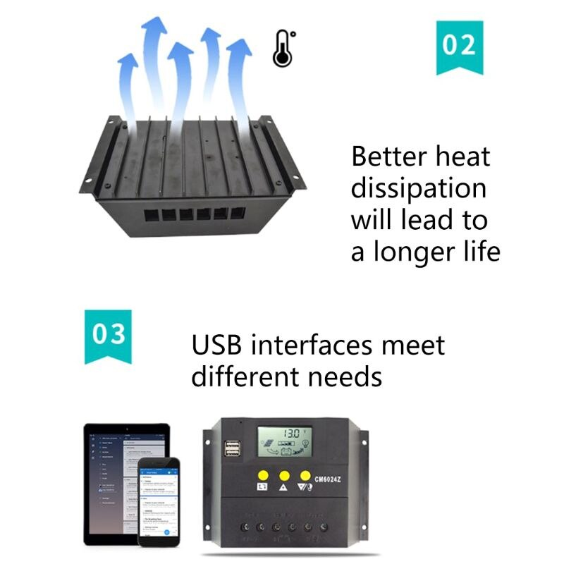 50A 60A Solar Charge Controller 12V 24V for PWM with Auto LCD Battery Charge Panel PV System Solar Controller