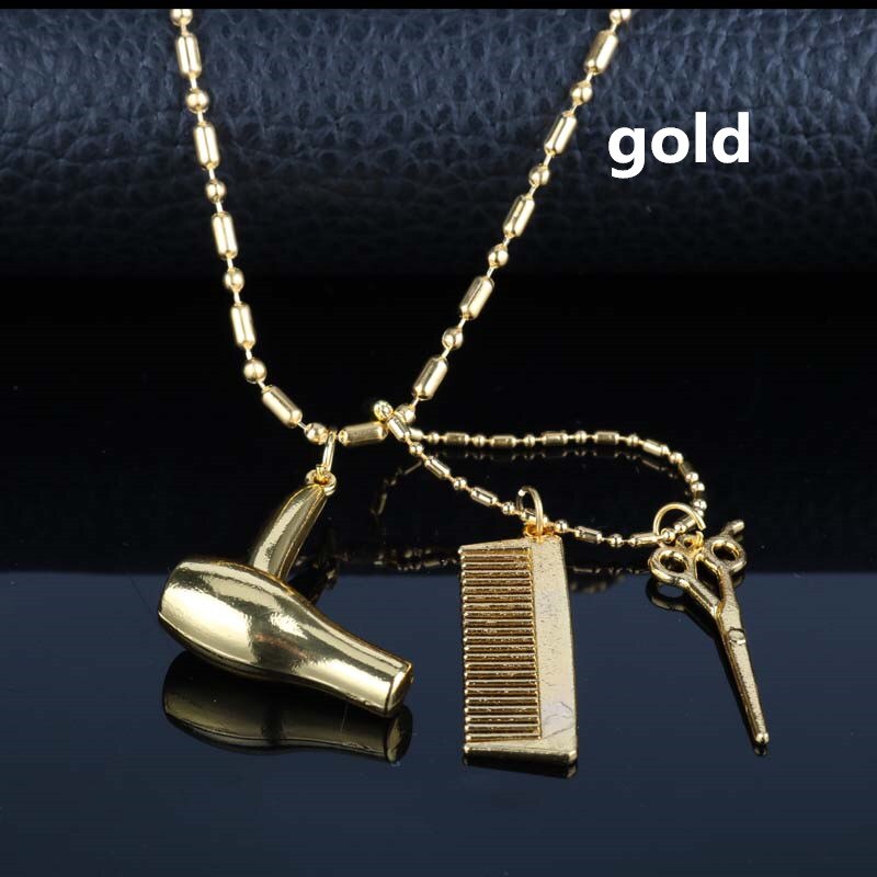 Barber Shop Pole Necklace Hair Dresser Tools 3D Barber Pole Razor Dryer Scissors Comb Hairdresser Pendants Necklaces Men Women: L gold