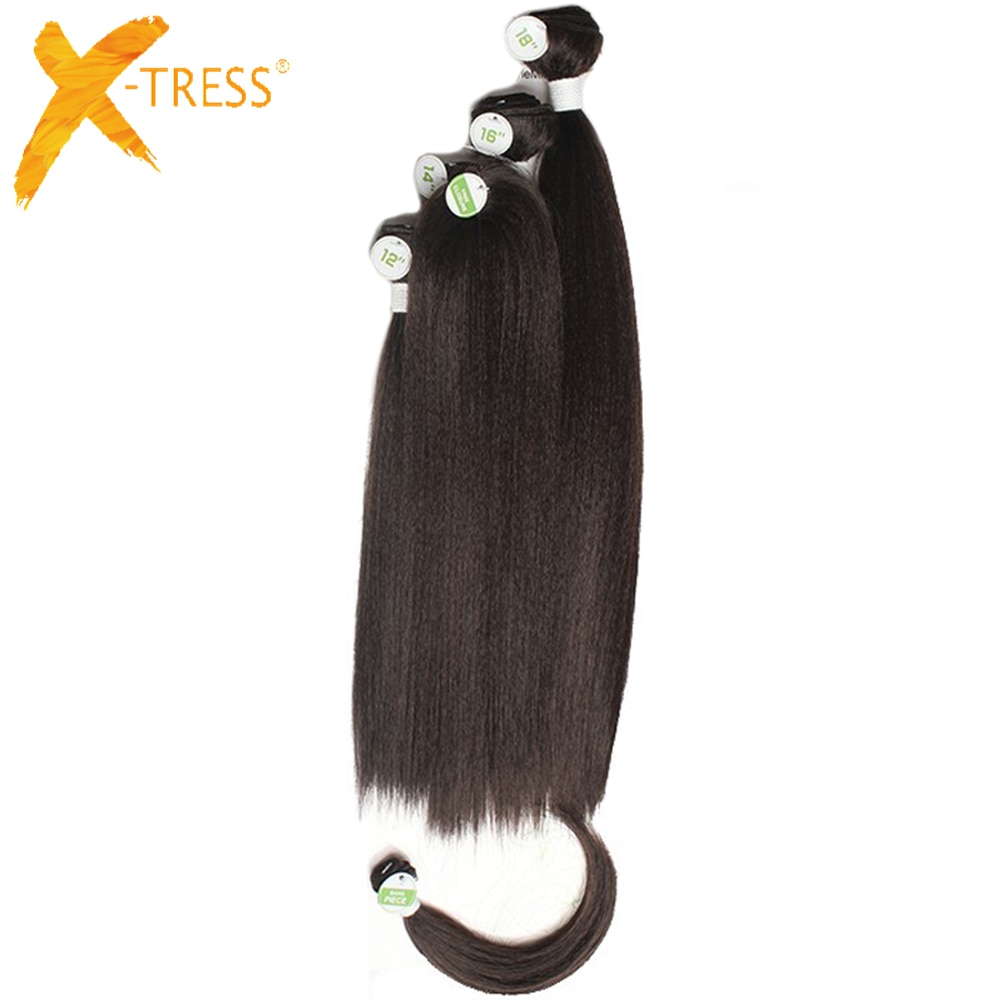 Yaki Straight Hair Bundles With Closure For Women X-TRESS Natural Black Synthetic Hair Weave Extensions 4 Bundles/Pack 12-18inch